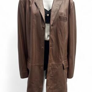 brown leather trench coat